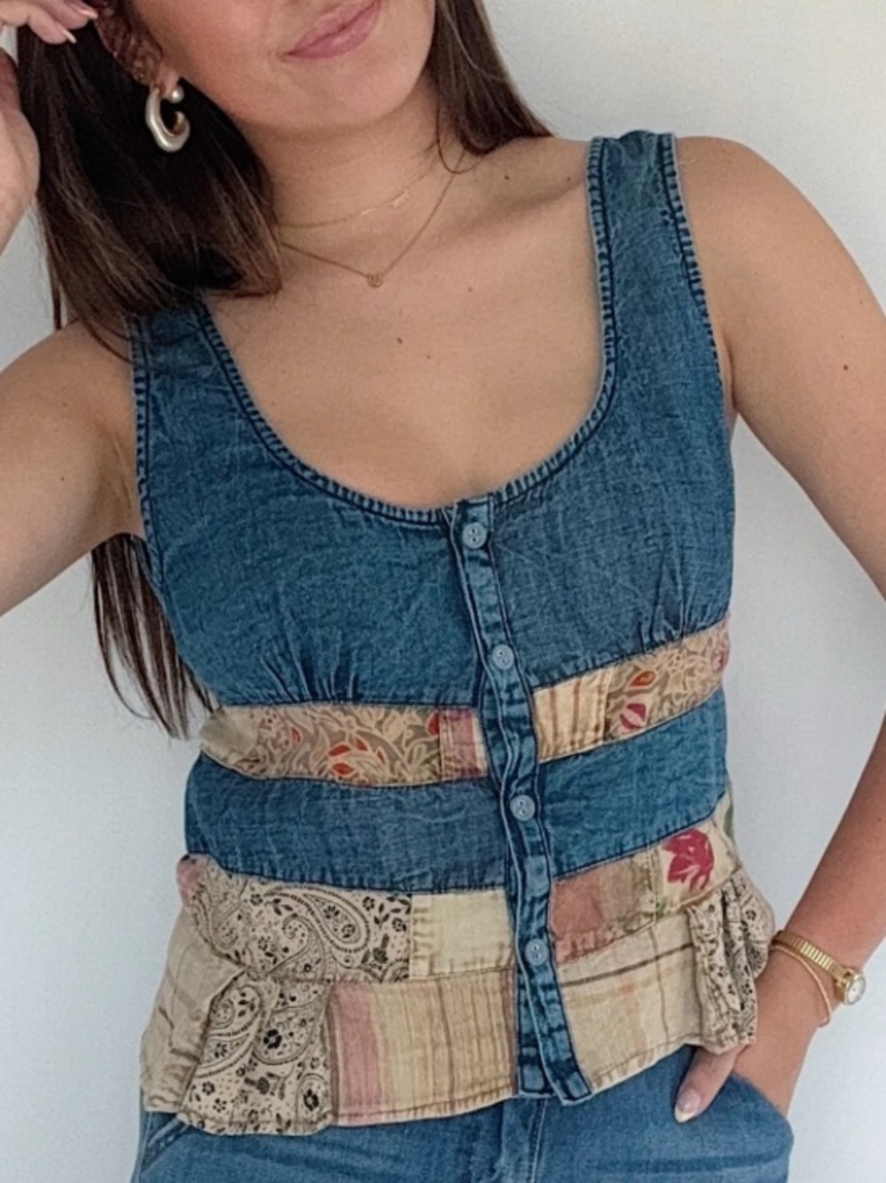 Denim Patchwork Button-Front Tank Top - Blue